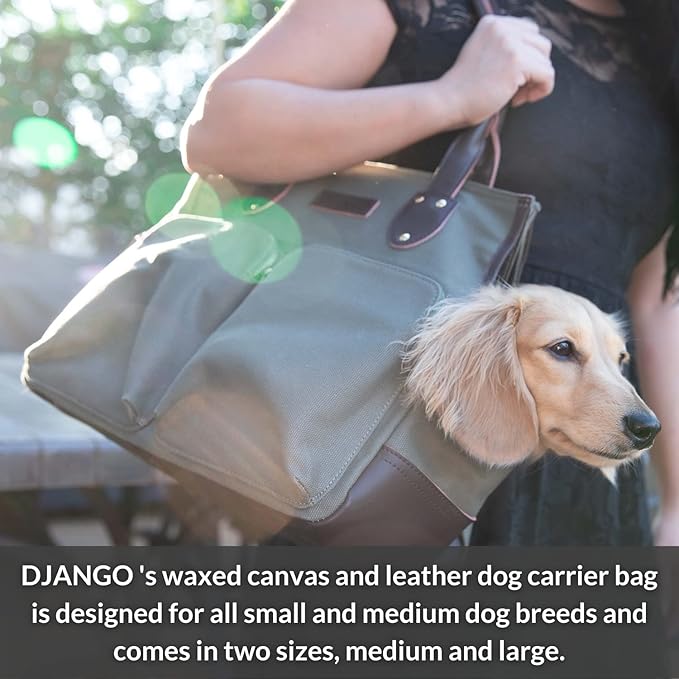 DJANGO Dog Carrier Bag - Waxed Canvas and Leather Soft-Sided Pet Travel Tote with Bag-to-Harness Safety Tether & Secure Zipper Pockets (Medium, Olive Green)