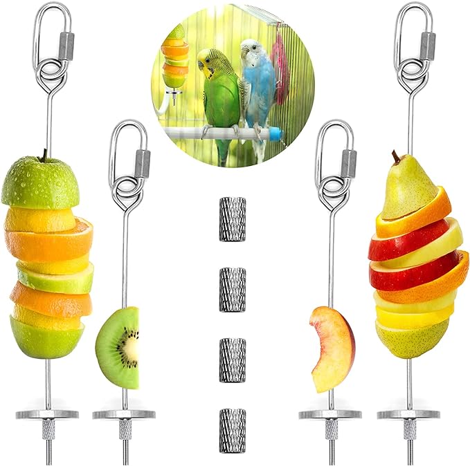 Daoeny 4Pcs Bird Feeder for Cage, Bird Foraging Toy, Stainless Steel Bird Food Holder, Small Animal Fruit Vegetable Stick Skewer, Hanging Food Feeding Treating Tool for Parrots Cockatoo Cockatiel Cage