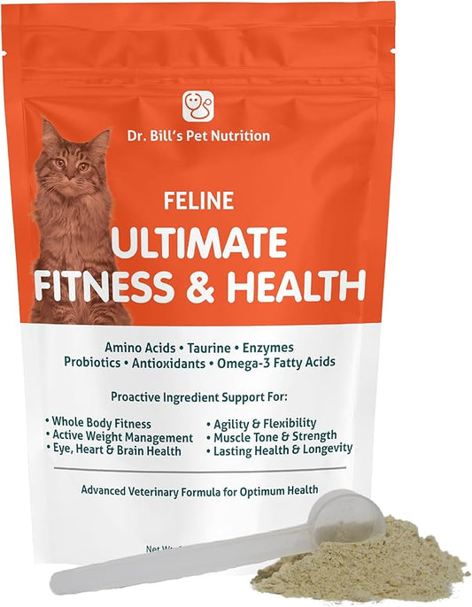 Dr. Bill’s Feline Ultimate Fitness & Health | Powder Cat Vitamins and Supplements | Includes Coenzyme Q-10, Vitamin E, Vitamin D-3, Biotin, Folic Acid, Hyaluronic Acid - Cat Nutritional Supplement