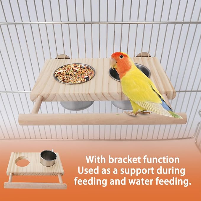 Bird Food Stainless Steel Cups, Parrots Feeding Dish Cups with Wooden Platform, Wooden Perch Stand Hanging Feeder Bowls Feeding, Bird Feeding Dish Cups for Parakeet Lovebirds Cockatiels Budgie