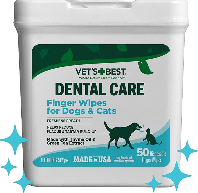 Vet's Best Dental Care Finger Wipes - Reduces Plaque & Tartar Build Up - Freshens Breath - Teeth Cleaning Finger Wipes for Dogs & Cats - 50 Count