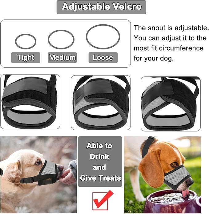 Dog Muzzle Anti Biting Barking and Chewing with Comfortable Mesh Soft Fabric and Adjustable Strap, Suitable for Small, Medium and Large Dogs(Gray Base,L)