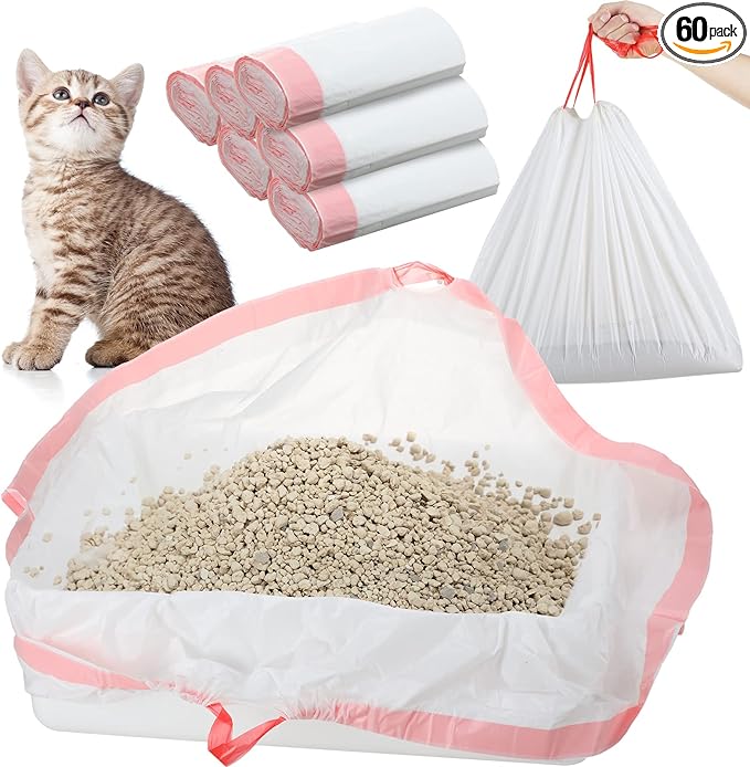 Thenshop 60 Count Litter Box Liners 36'' x 18'' Jumbo Cat Pan bags Drawstring Cat Supplies Extra Large Disposable Cat Litter Bags Cat Box Liners for Trash Waste Litter Box Tidy (Pink)