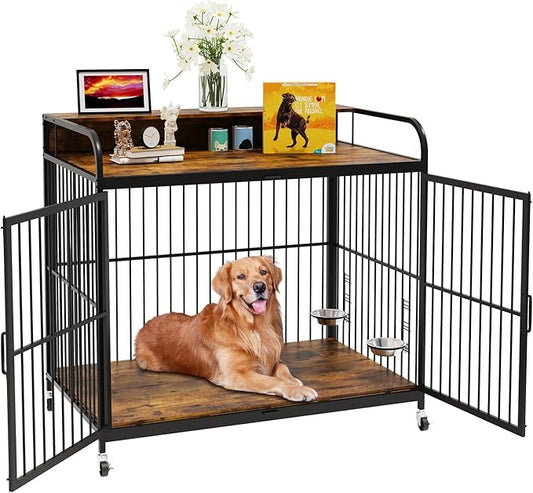 Large Dog Crate Furniture, Wooden Dog Crate End Table with Adjustable Height & 360° Rotating Feeder, Heavy Duty Dog Crate with Movable Wheels, Dog Kennel Indoor(48''L x 29.92''W x 44.29''H)