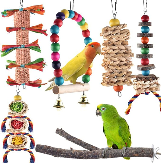 KATUMO Bird Toy Set, 6pcs Chew Toys & Perch for Small Birds, Conure, Cockatiel, Lovebird, Parakeet, Finch, Canary, Myna - Mental & Physical Workout, Relieves Boredom