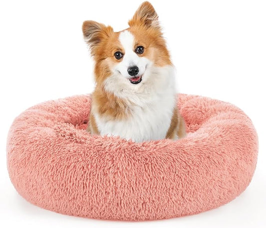 rabbitgoo Calming Dog Bed for Small Medium Dog, 30 inches Pet Bed Machine Washable, Non-Slip Round Fluffy Plush Faux Fur Large Cat Bed, Soft Donut Cuddler Cushion for Small Dog, Pink