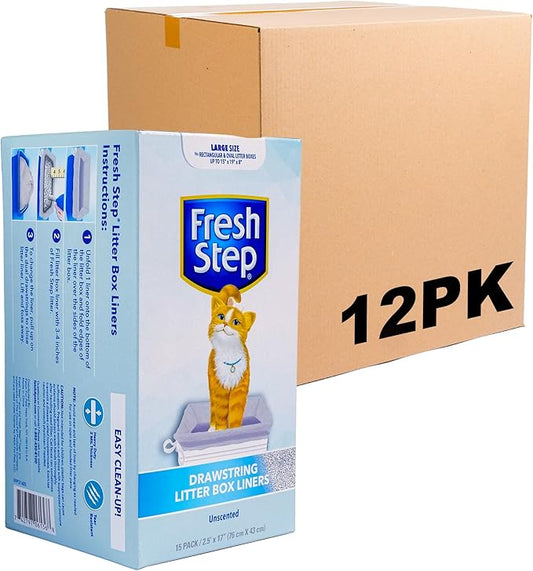 Fresh Step Drawstring Cat Litter Box Liners, Unscented, Size Large, 30" x 17" | Kitty Litter Bags - Cat Litter Liners for Rectangle or Oval Litterboxes, 15 Count - 12 Pack