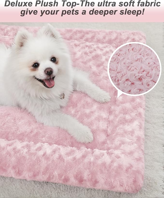 Washable Dog Bed Mat Reversible Dog Crate Pad Soft Fluffy Pet Kennel Beds Dog Sleeping Mattress for Large Jumbo Medium Small Dogs, 35 x 22 Inch, Pink