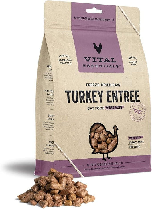 Vital Essentials Freeze Dried Raw Cat Food, Turkey Mini Nibs Entree, 12 oz