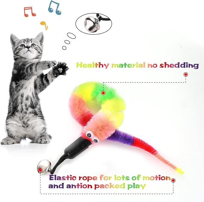 Cat Toys Worms,12pcs Cat Rainbow Worm Toy Refills Funny Interactive Colorful Fluffy Worms with Bells Cats Chaser Toys Kittens Wand Replacement Toys Refill for Indoor Training Accessories