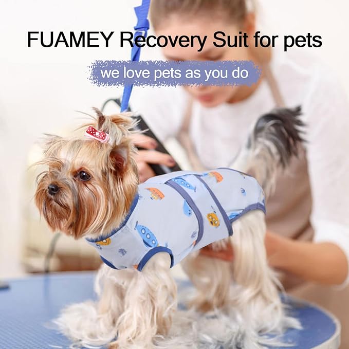 FUAMEY Recovery Suit for Dogs After Surgery,Soft Breathable Dog Bodysuit E-Collar & Cone Alternative Surgical Suit,Male Female Dog Neuter Spay Suits Anti Licking Wounds Onesie Blue Boat XS