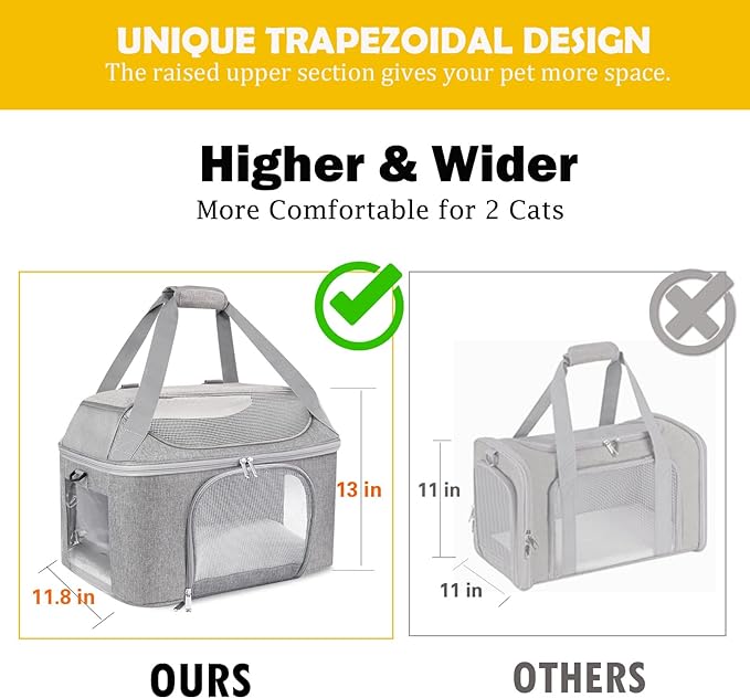 Large Cat Carrier for 2 Cats, Oeko-TEX Certified Soft Side Pet Carrier for Cat, Small Dog, Collapsible Travel Small Dog Carrier, TSA Airline Approved Cat Carrier for Kitten Cats 20 lbs-Gray