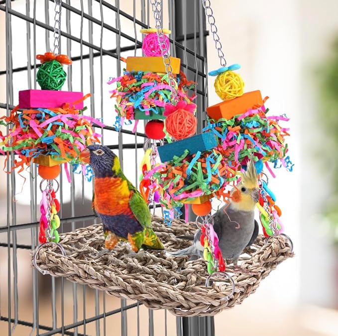 Parakeet Toys Bird Toys Conure Toys Birdcage Stands Bird Foraging Wall Seagrass Woven Hammock Swing Mat for Lovebirds,Cockatiel,Budgie and other Small to Middle Birds