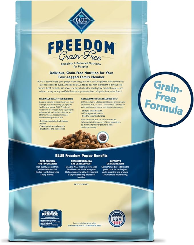 Blue Buffalo Freedom Grain-Free Puppy Dry Dog Food with DHA, Complete & Balanced Nutrition for Puppies, Made in the USA, Chicken & Potatoes, 11-lb. Bag