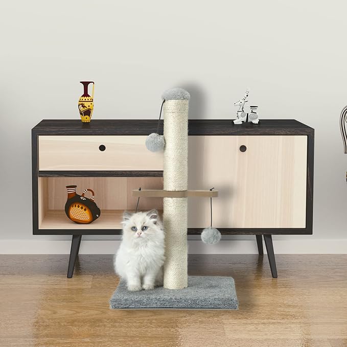 Cat Scratching Post,Small Scratch Post for Indoor Kittens and Small Size Cats,with Hanging Ball Toys,21inches,Grey