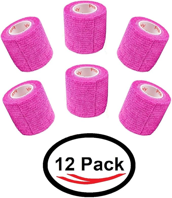 2 Inch Vet Wrap Tape Bulk (Fuchsia) (Pack of 12) Self Adhesive Adherent Adhering Flex Bandage Grip Roll for Dog Cat Pet Horse