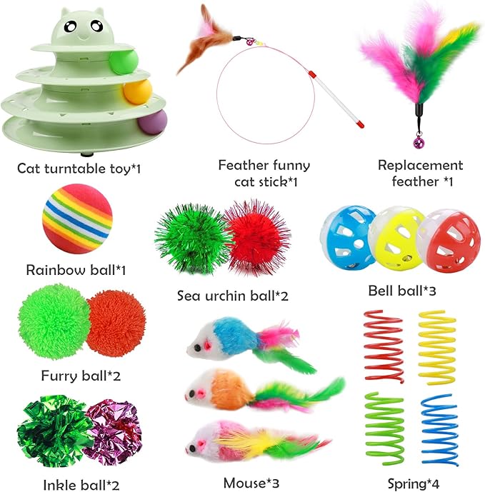 UPSKY 20 PCS Cat Toys, Cat Roller Toy 3-Level Turntable Cat Toys Balls for Indoor Cats, Kitten Toys Set with Cat Teaser Toys, Mice Toys, Spring toys, and Various Ball Toys.