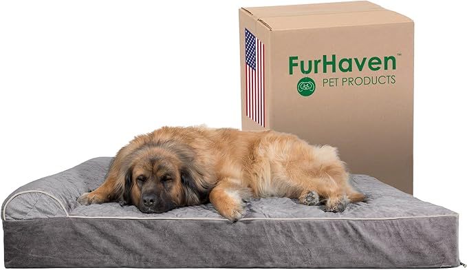 Furhaven Orthopedic Dog Bed for Extra Large Dogs w/ Bonus Water-Resistant Liner & Removable Washable Cover, For Dogs Up to 300 lbs - Goliath Quilted Faux Fur & Velvet Bolster Chaise - Gray, 4XL