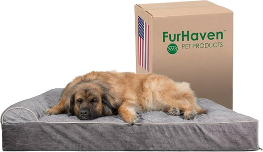 Furhaven Orthopedic Dog Bed for Extra Large Dogs w/ Bonus Water-Resistant Liner & Removable Washable Cover, For Dogs Up to 300 lbs - Goliath Quilted Faux Fur & Velvet Bolster Chaise - Gray, 4XL