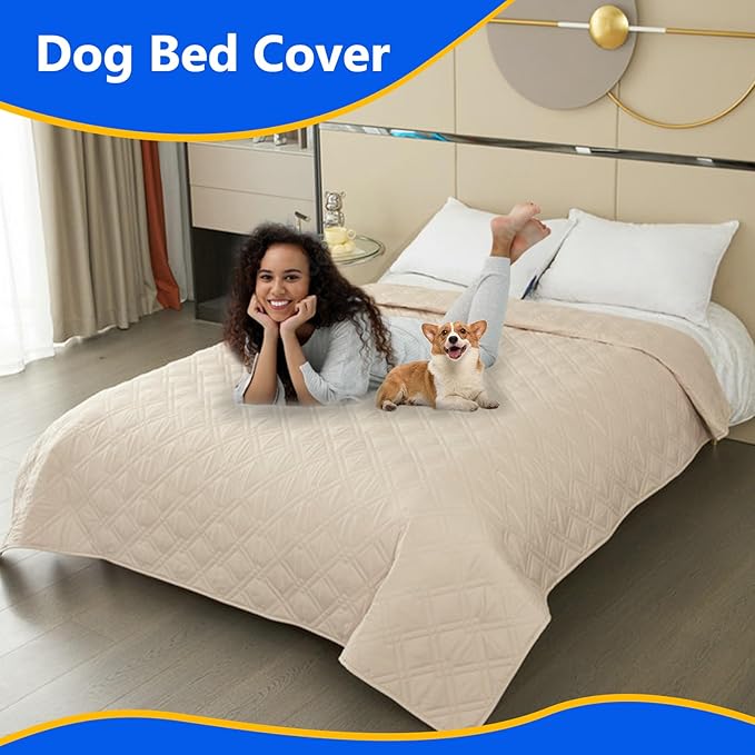 Dog Bed Cover, 100% Waterproof & Anti-Slip Pet Blanket Sofa Bed Mat, Reusable Bed Cover for Dogs, Washable Geometric Embroidery Mattress, Camping Pad for Pet/Dog/Cat (30x70 inch, Beige)