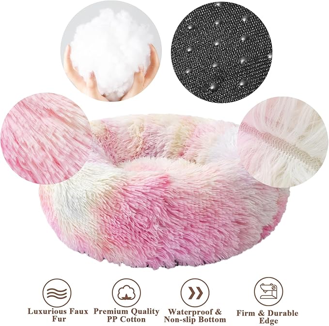 Aurako Cat Bed Dog Bed Round Cushion Pet Bed Mat Ultra Soft Plush Donut Sofa Comfortable Pillow Machine Washable Pet Cuddle Beds for Kitten Small Medium Large Dogs Cats 16" Iridescent