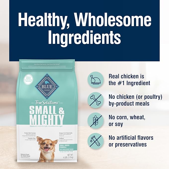 Blue Buffalo True Solutions Small & Mighty Small Breed Adult Dry Dog Food, Supports High Energy Needs, Made in the USA with Natural Ingredients, Chicken, 4-lb. Bag