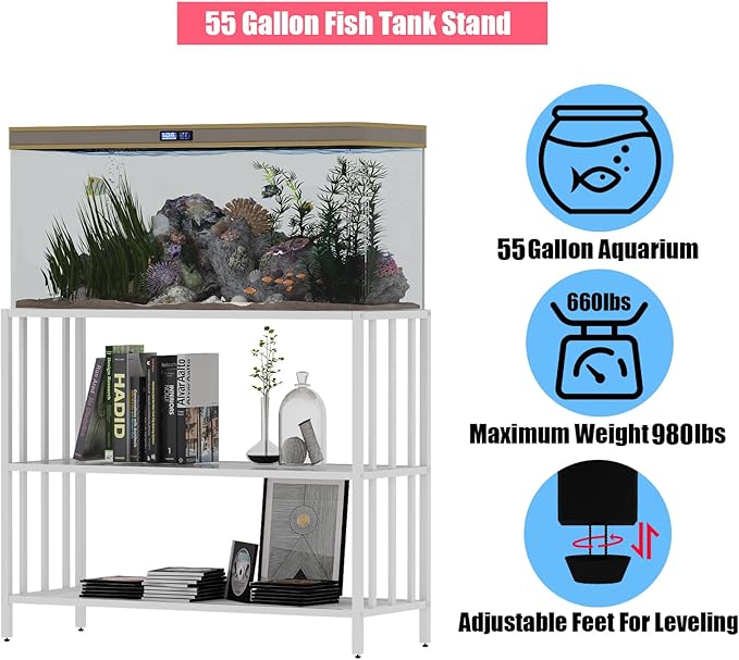 Fish Tank Stand with Metal Shelves, 55 Gallon Aquarium Stand Heavy Duty Turtle Tank Terrariums Tank Breeder Reptile Tank Stand for Home Office, 48.4” x 14.9” x 29.5” (White)