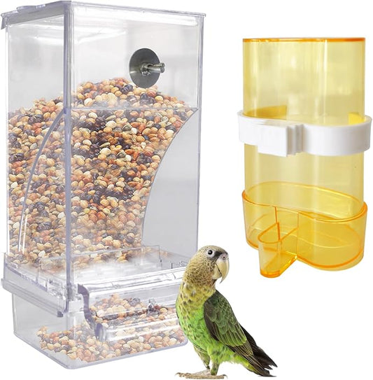 kathson No Mess Bird Feeder Water Dispenser Set,Automatic Parakeet Feeders Drinker Cage Acrylic Parrot Seed Food Dispenser Container Accessories for Small Lovebirds Canary Budgies Finch Squirrel(2Pcs)