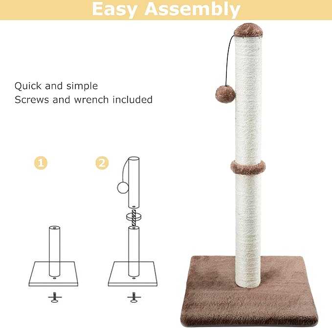 Tall Cat Scratching Post 34” Basic Vertical Scratcher for Indoor Cats and Kittens, Cat Scratch with Sturdy Sisal Rope and Hanging Ball, Large Heavy Plush Base (Dark Brown)