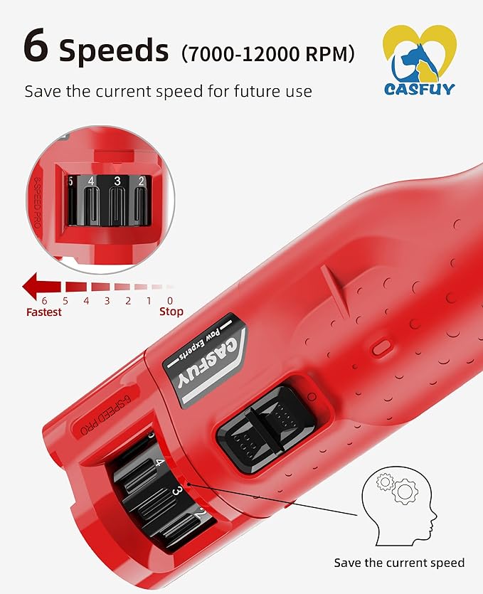 Casfuy Dog Nail Grinder Quiet - (45db) 6-Speed Pet Nail Grinder with 2 LED Lights for Large Medium Small Dogs/Cats, Professional 3 Ports Rechargeable Electric Dog Nail Trimmer with Dust Cap(Red)