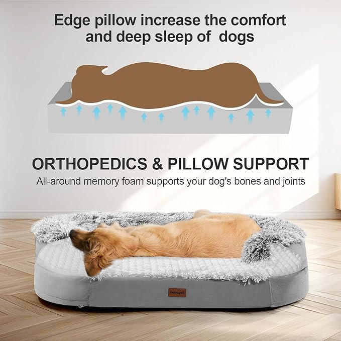 Orthopedic Dog Beds for Large Dogs, 3.7 inch Thickened Supportive Dog Sofa Bed with 28D Egg-crate Foam, Removable Washable Plush Cover, Waterproof Lining, Half-Round Design for Puppy, Senior Dog