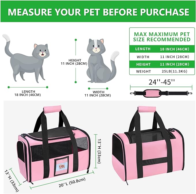 Extra Large Pet Carrier 20 lbs+, Soft Sided Cat Carriers for Large Cats Under 25 lbs, Folding Big Dog Carrier 20"x13"x13", Cat Carrier for 2 Cats Travel Carrier -Large- Pink