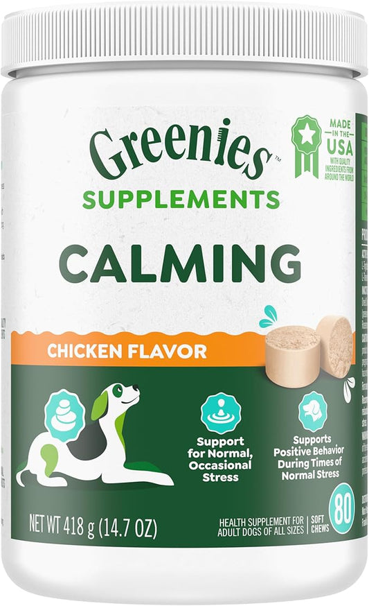 Greenies Supplements Calming Chews for Dogs Chicken Flavor, 80 Count Soft Chews Dog Calming Supplements, 4.7 oz Container