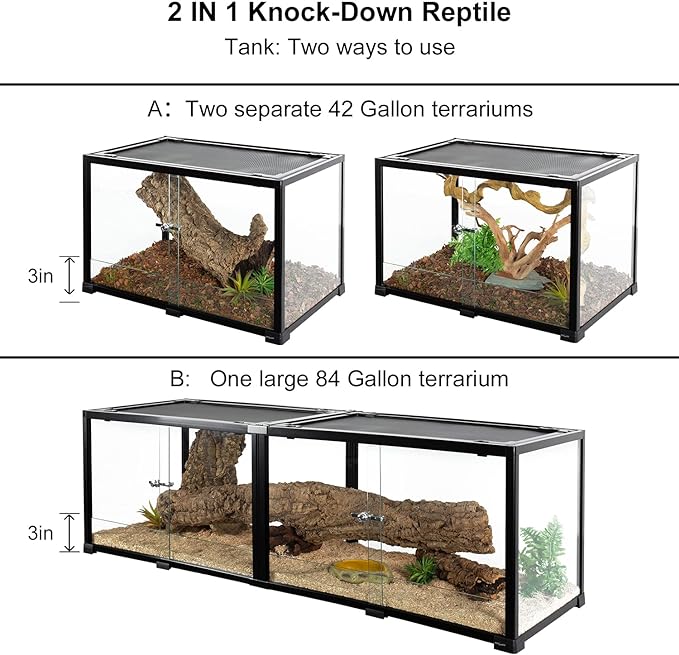 REPTIZOO 84 Gallon Large Reptile Terrarium Extra-Long 60" x 18" x 18" Spliceable Glass Reptile Tank, Double Top Cover Reptile Enclosure Habitats