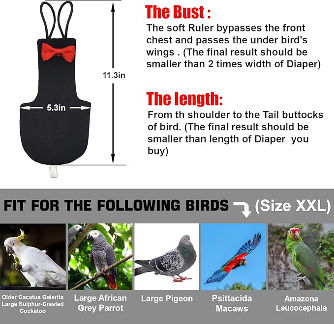 Bird Diaper Washable Parrot Diapers Reusable Bird Flight Suit Nappies Protective Breathable Parrot Nappy Clothes for Parakeet Parrot Macaw Budgie Canary Budgie Cockatiel(Black, XXL)