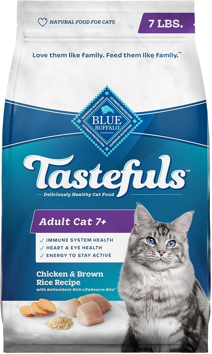 Blue Buffalo Tastefuls Natural Dry Food for Adult Cats 7+, Chicken & Brown Rice Recipe, 7-lb. Bag