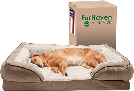 Furhaven Cooling Gel Dog Bed for Large Dogs w/ Removable Bolsters & Washable Cover, For Dogs Up to 95 lbs - Plush & Velvet Waves Perfect Comfort Sofa - Brownstone, Jumbo/XL