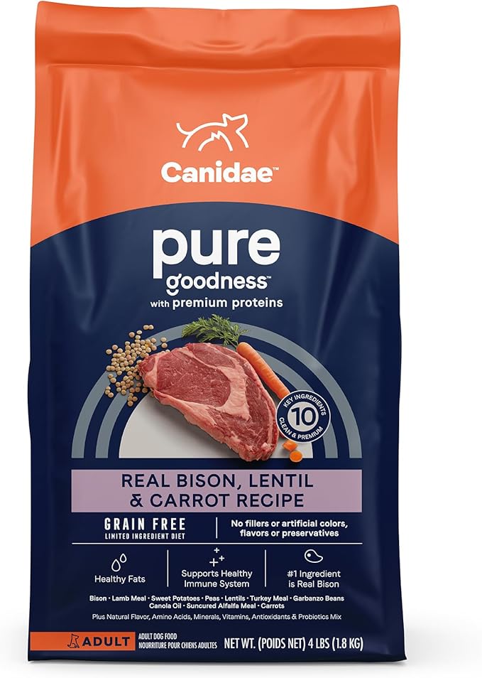 Canidae Pure Limited Ingredient Premium Adult Dry Dog Food, Real Bison, Lentil & Carrot Recipe, 4 lbs, Grain Free