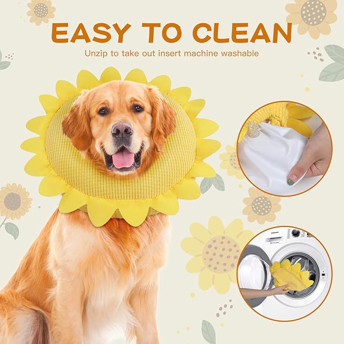 IEUUMLER Inflatable Recovery Dog Collar, Protective Donut Cone, Adjustable Soft Collar for Dog and Cat After Surgery Prevent from Biting & Scratching EU002 (L (Neck:11.8"-16.1"), Sunflower)