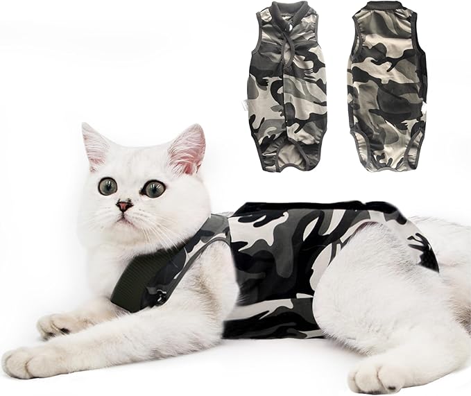 Cat Recovery Suit for Male and Female Surgical Post Surgery Soft Cone Onesie Shirt Clothes Neuter Licking Protective Diapers Outfit Cover Kitten Spay Collar(S, Camouflage)