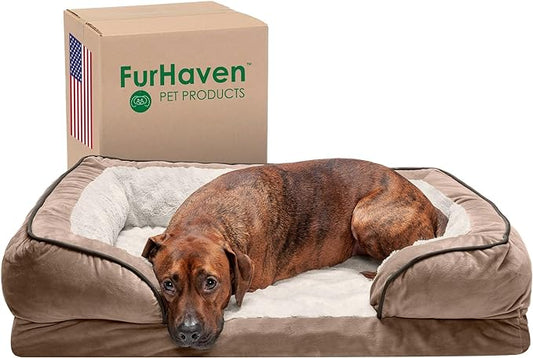 Furhaven Memory Foam Dog Bed for Large/Medium Dogs w/ Removable Bolsters & Washable Cover, For Dogs Up to 55 lbs - Plush & Velvet Waves Perfect Comfort Sofa - Brownstone, Large