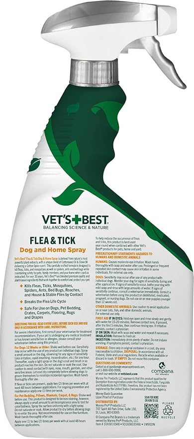 Vet’s Best Flea & Tick Home Spray for Dogs – Cotton Spice Scent Dog Flea & Tick Aid – Made in The USA – Flea & Tick Home Spray – Flea Protection for Dogs – 32 oz, Pack of 2