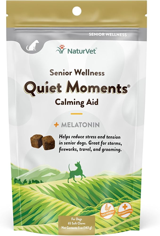 NaturVet Quiet Moments Calming Aid Dog Supplement, Helps Promote Relaxation, Reduce Stress, Storm Anxiety, Motion Sickness for Dogs (Quiet Moments Senior Wellness, 65 Soft Chews)