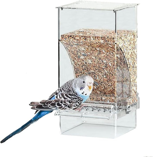 Parrot Automatic Feeder No Mess Bird Feeder Food Container Feeding Station Foraging Cage Accessories Acrylic Suitable for Parrot Cockatoo Canary Love Bird (Transparent)