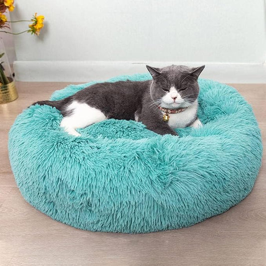 Cat Beds for Indoor Cats - Cat Bed Washable 20/24 inches, Dog Beds for Small Medium Dogs, Anti Anxiety Round Fluffy Plush Faux Fur Cat Bed, Thick Bottom (Medium, Blue)