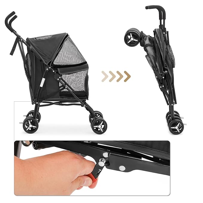MoNiBloom 4 Wheels Pet Stroller, Easy-Fold Puppy Cage Jogger Stroller with Sun Cover, Pad and Rear Storage Bag, Breathable and Visible Mesh for Small/Medium Pets up to 22 lbs, Balck