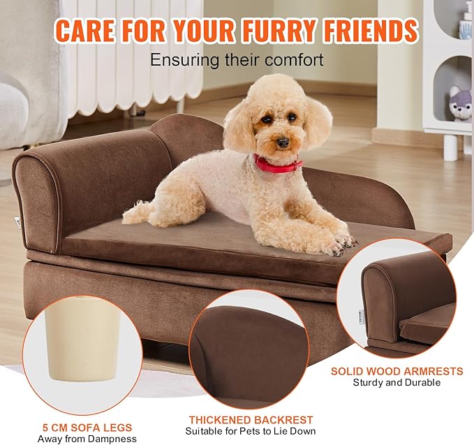 VEVOR Pet Sofa, Dog Couch for Medium-Sized Dogs and Cats, Soft Velvety Dog Sofa Bed, 81 lbs Loading Cat Sofa, Dark Brown