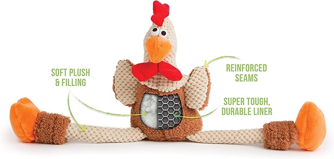 goDog Checkers Skinny Rooster Squeaky Plush Dog Toy, Chew Guard Technology - Brown, Large