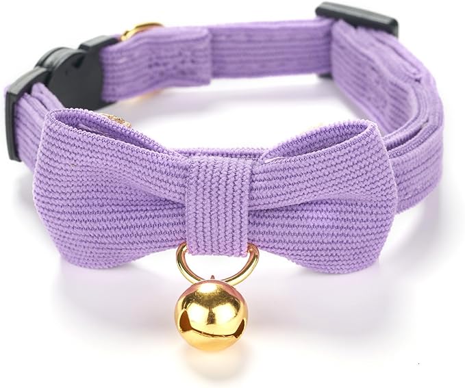 2 Pack Soft Corduroy Cat Collars with Bow Tie & Bell, Adjustable Breakaway Cotton Kitty Bowtie Collar for Girl Female Kitten (Pink & Purple)