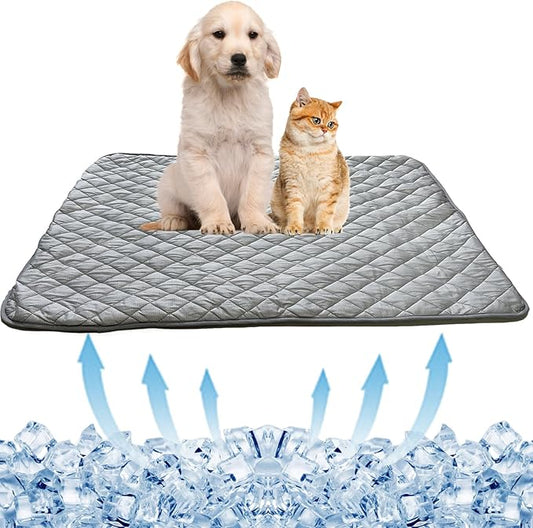 BAMY Cat Cooling Mat Summer Dog Silk Pad Self Cooling Cushion Washable Kitten Ice Blanket with Duck Strawberry Pattern (Grey, L (39.4"x27.6"))